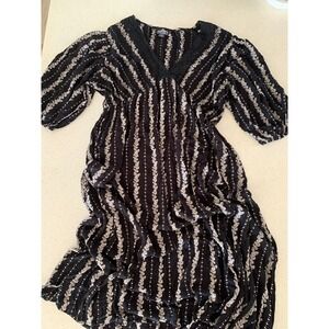 Angie Womens 1X Black White Floral Stripe Boho VNeck Lace Midi Dress Puff Sleeve